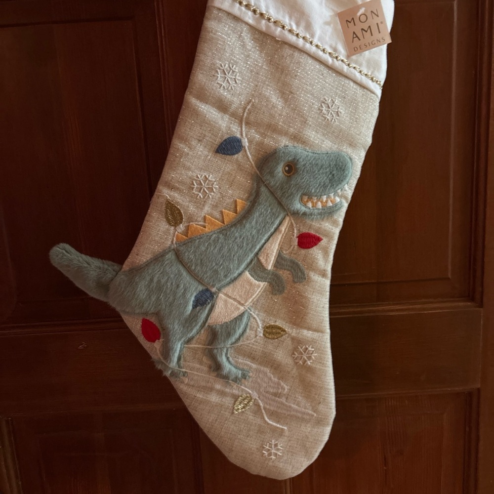Christmas in July Mon Ami FESTIVE DINO LINEN Stocking generous NWT green gold